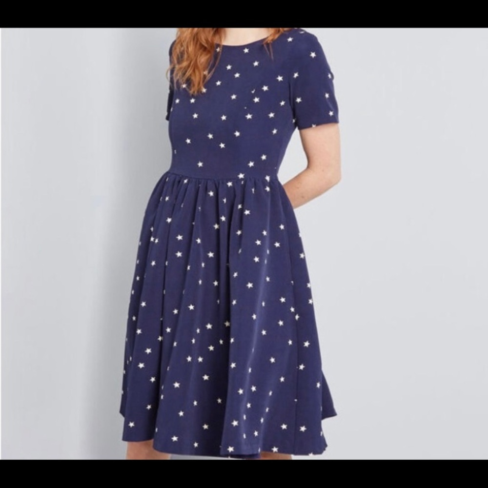 Factual Classic A line Dress  by ModCloth. Navy blue, white stars  with pockets.
